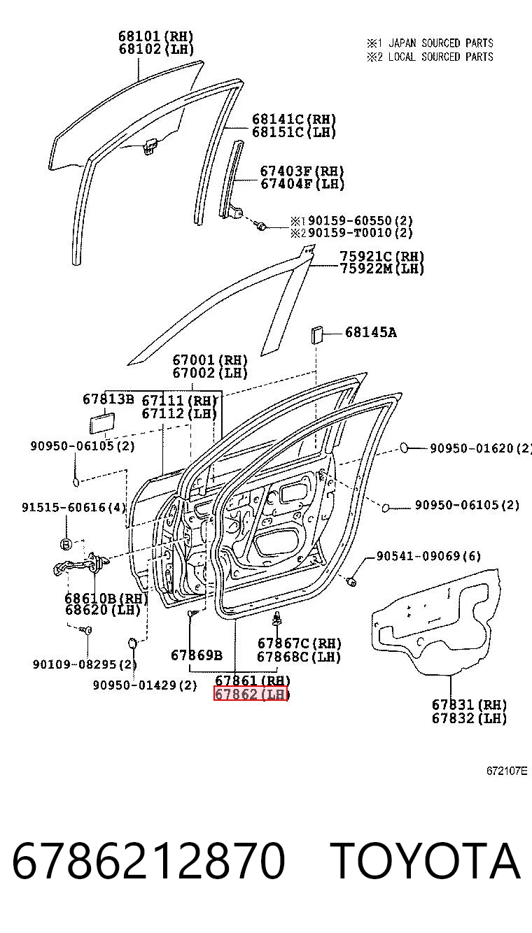6786212870 Toyota Ущільнювач дверей передніх, лівих (на двері)