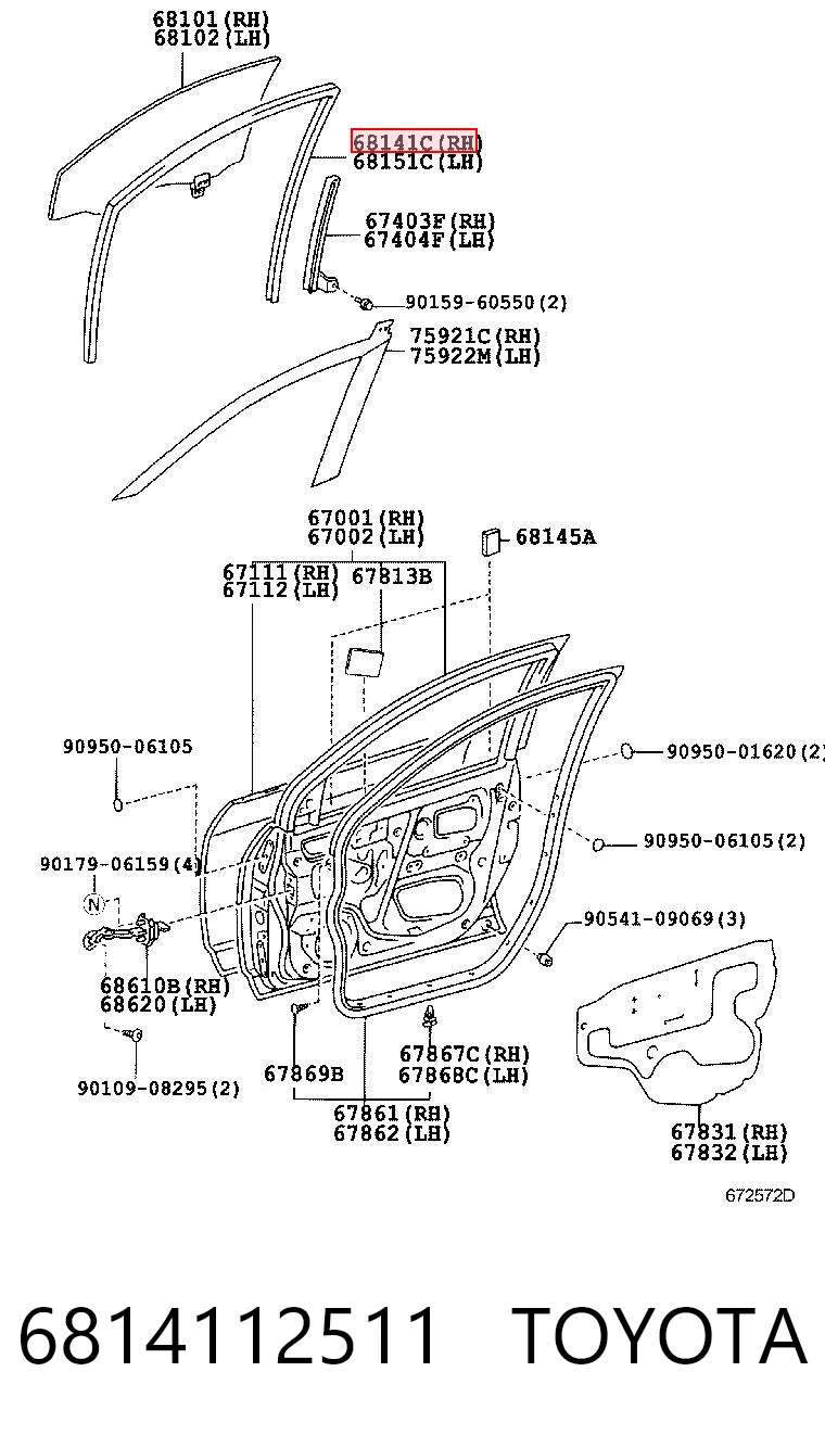 6814112511 Toyota Направляюча скла рамки двері, передньої правої