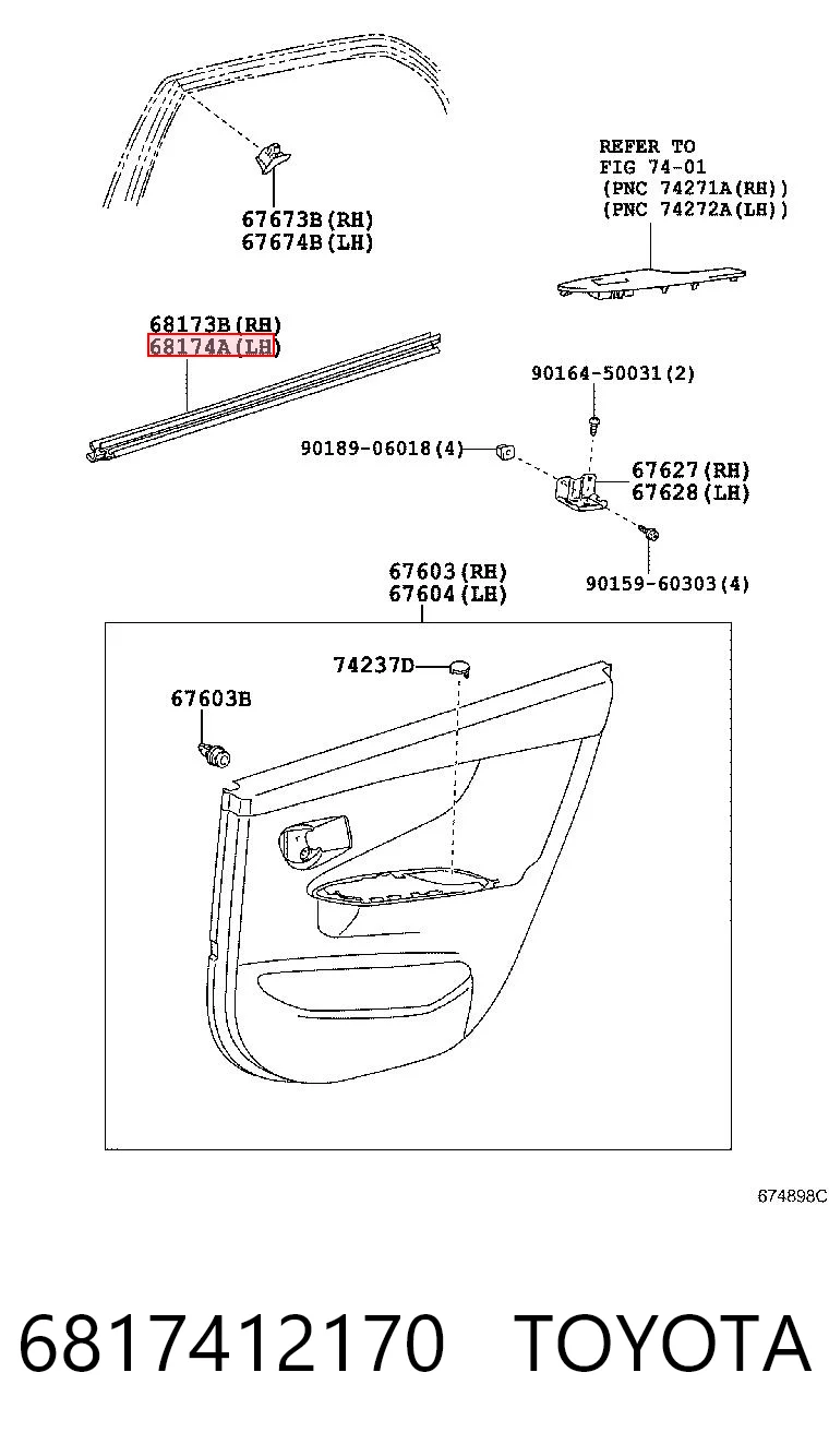 6817412170 Toyota Ущільнювач скла задніх дверей лівих, внутрішній (планка)
