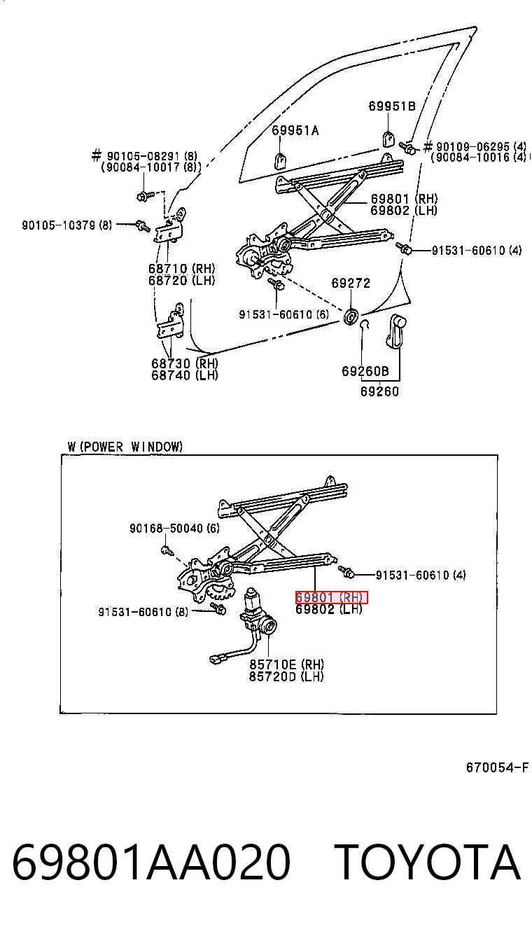 69801AA020 Toyota Механізм склопідіймача дверей передніх, правих