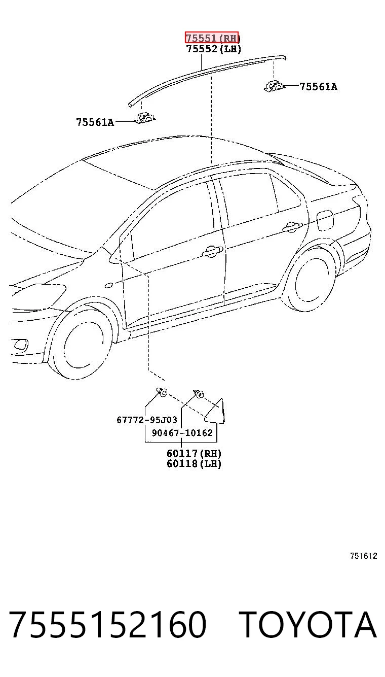 7555152160 Toyota Молдинг даху, правий