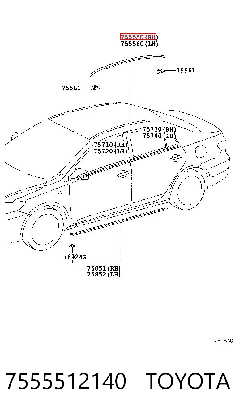 7555512140 Toyota Молдинг даху, правий