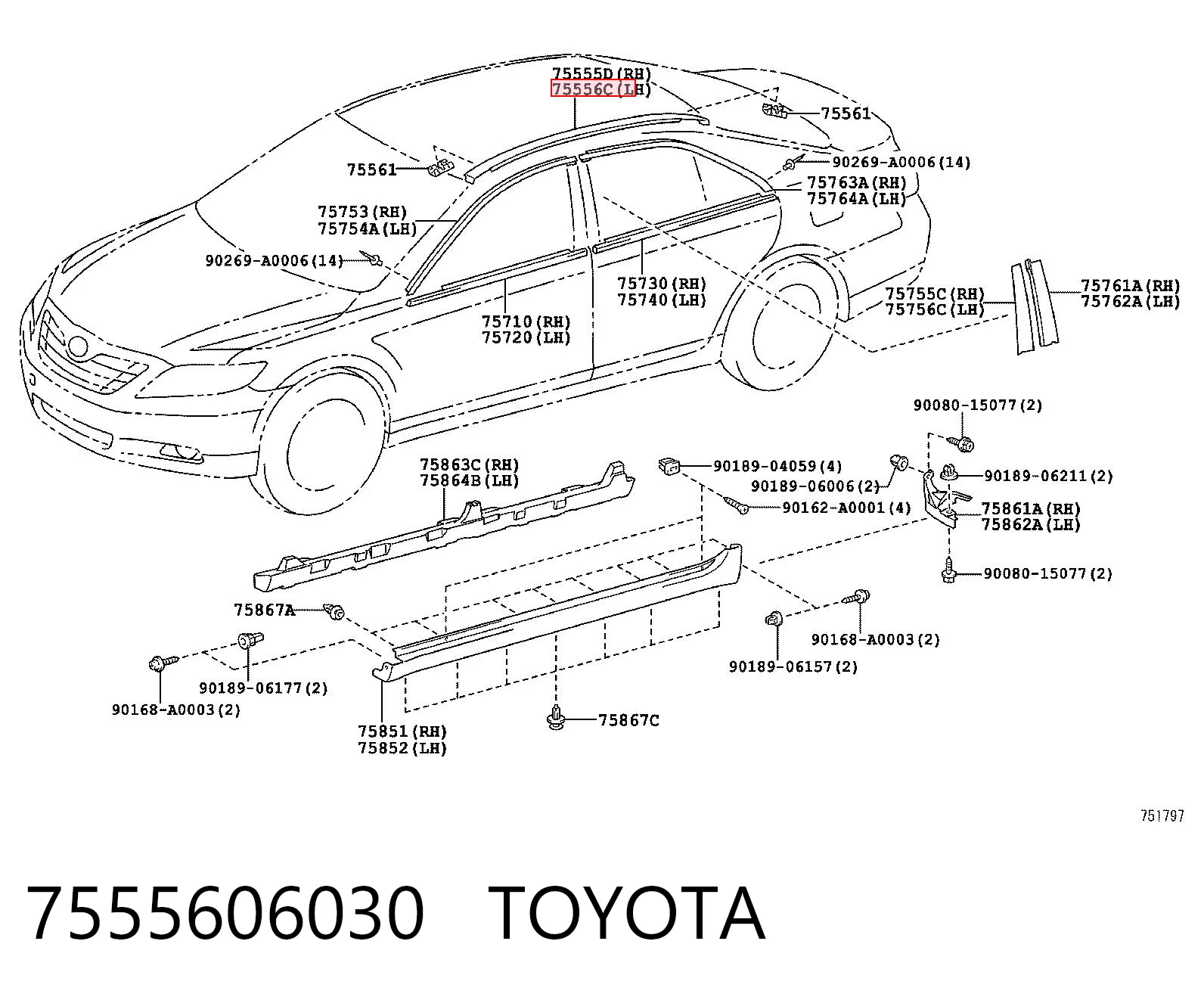 7555606030 Toyota Молдинг даху, лівий