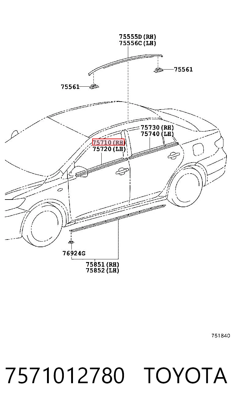 7571012780 Toyota Молдинг опускного скла нижній, двері передньої, правої