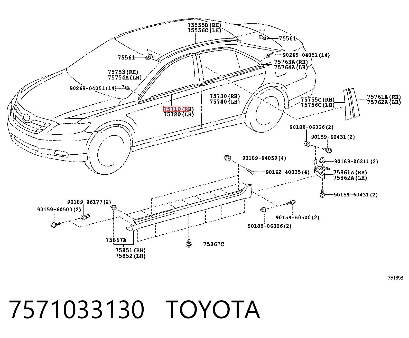 7571033130 Toyota Молдинг опускного скла нижній, двері передньої, правої