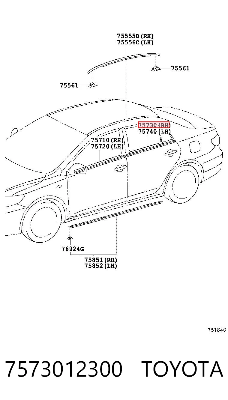 7573012300 Toyota Молдинг опускного скла двері задньої, правої