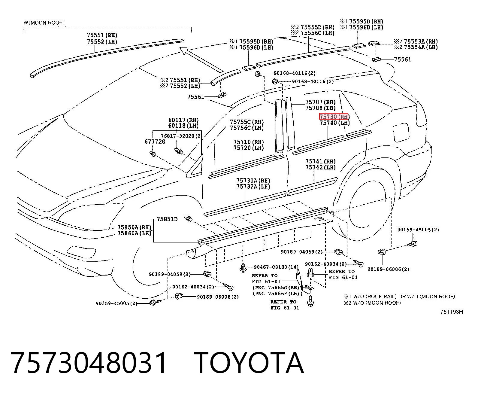 7573048031 Toyota Молдинг опускного скла двері задньої, правої