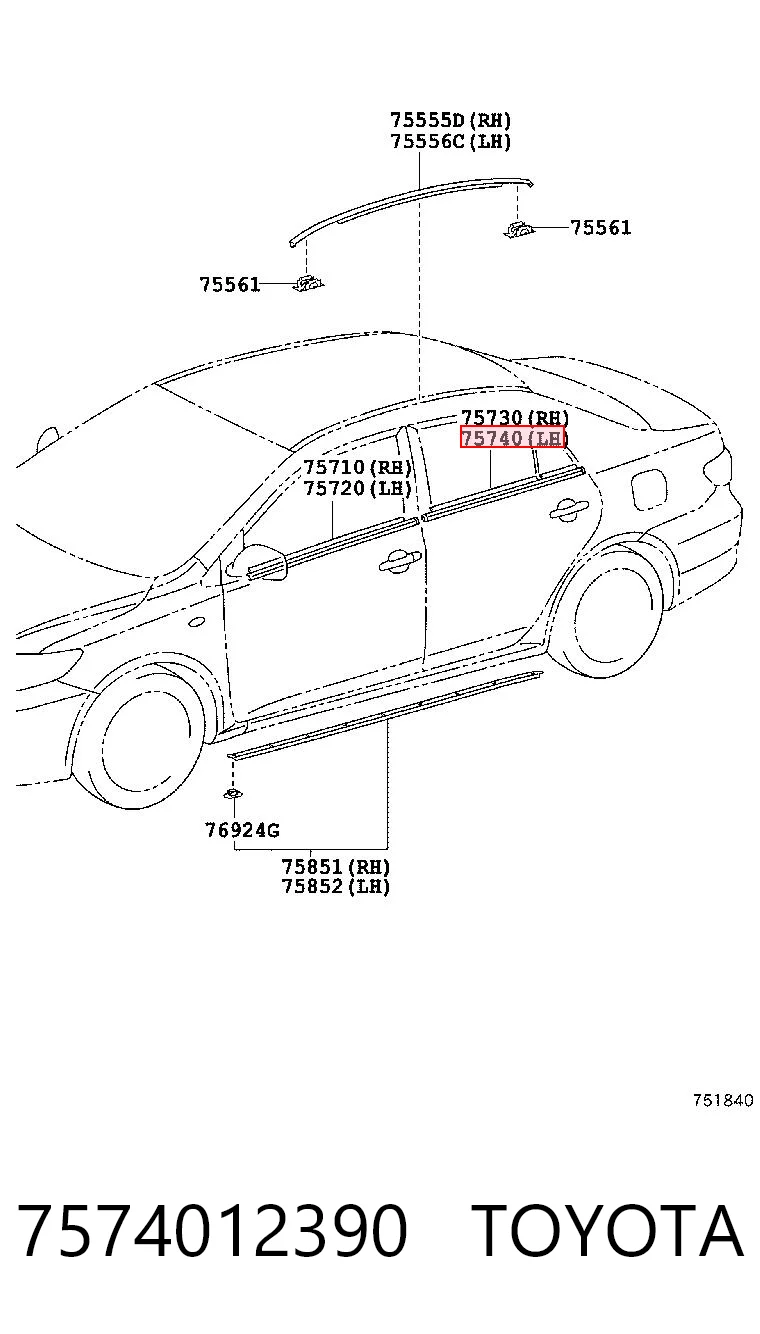 7574012390 Toyota Молдинг опускного скла двері задньої, лівої