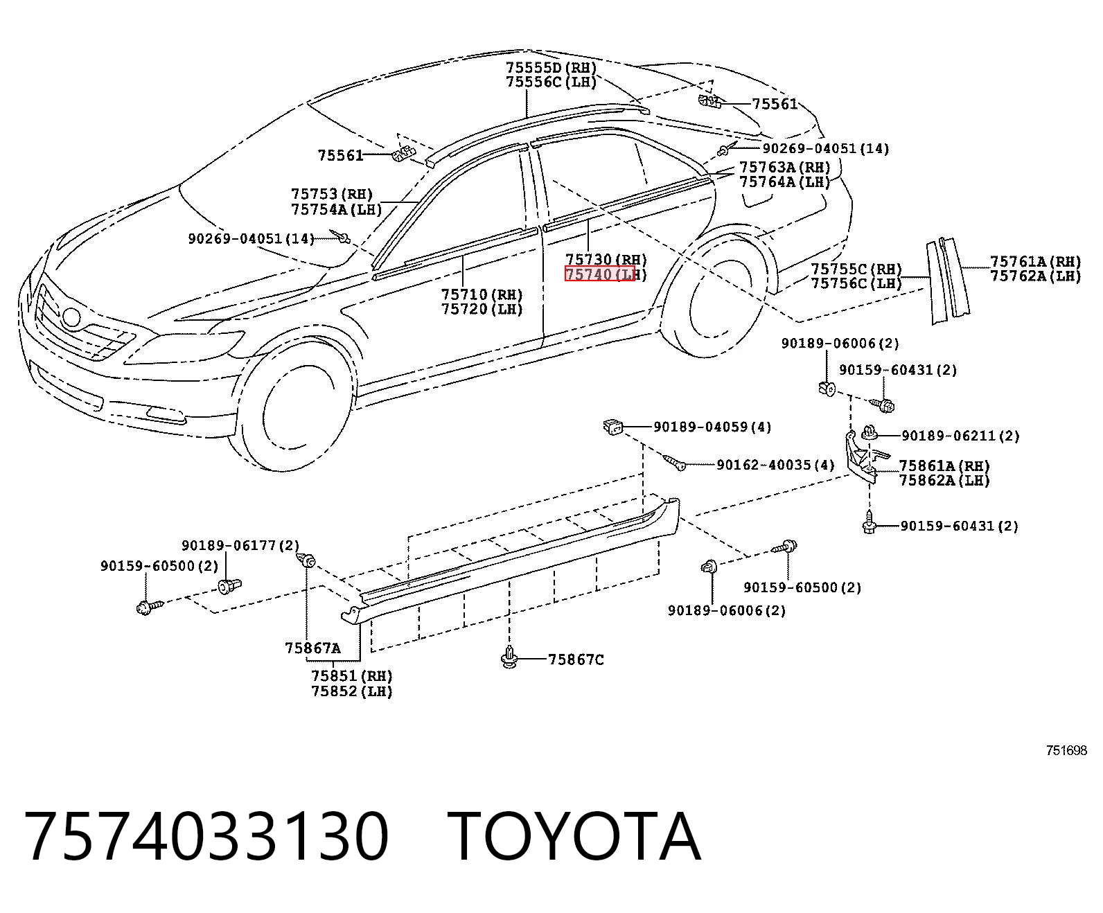 7574033130 Toyota Молдинг опускного скла двері задньої, лівої