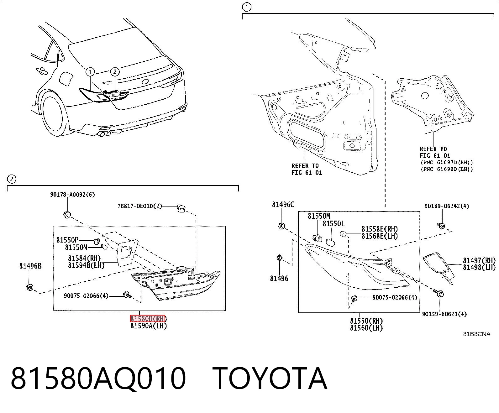 81580AQ010 Toyota Ліхтар задній правий, внутрішній