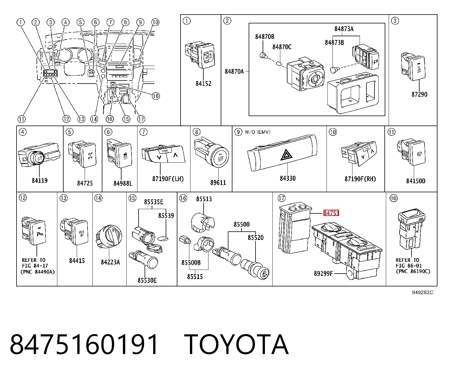 8475160191 Toyota Кнопка вкл.обогрева сидіння