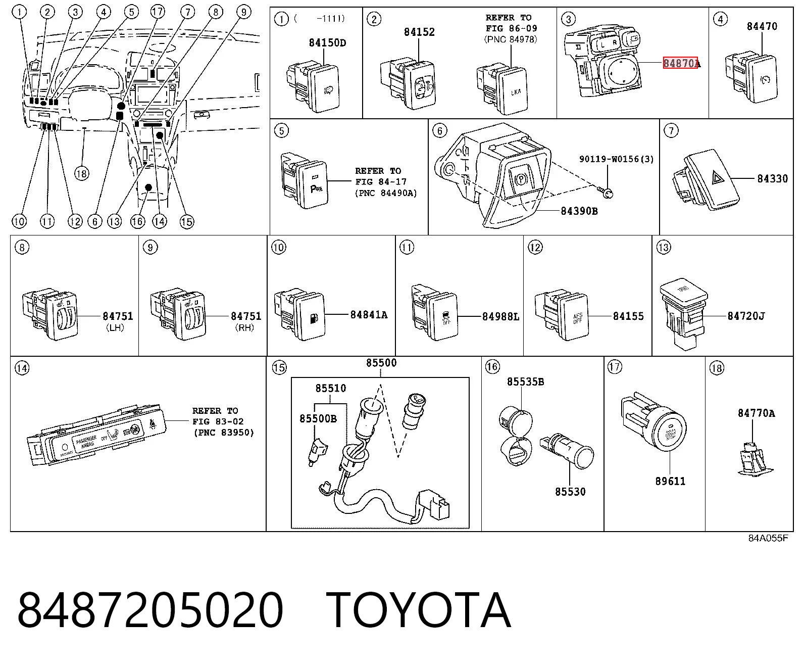 8487205020 Toyota Блок управління зеркалами заднього виду, на торпедо
