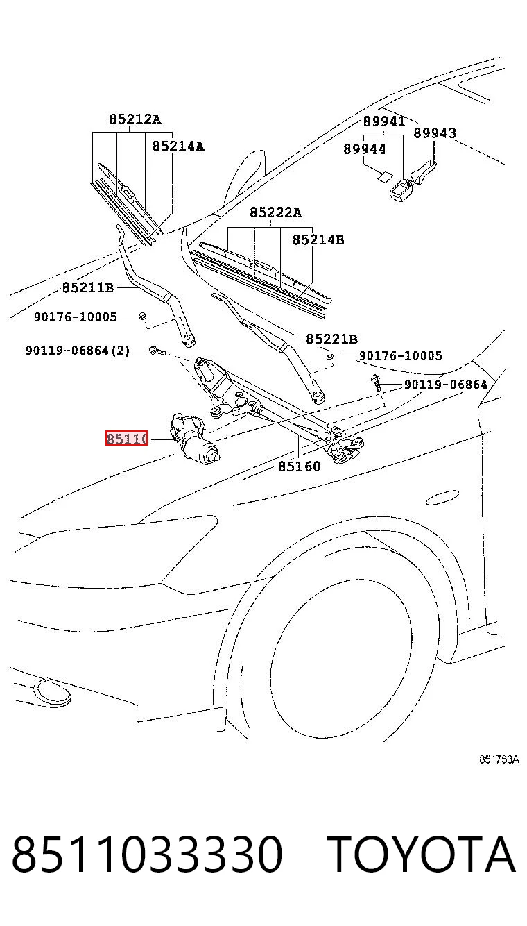 8511033330 Toyota Мотор склоочисника скла (трапеції)
