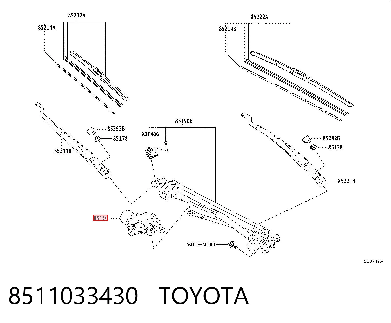 8511033430 Toyota Мотор склоочисника скла (трапеції)