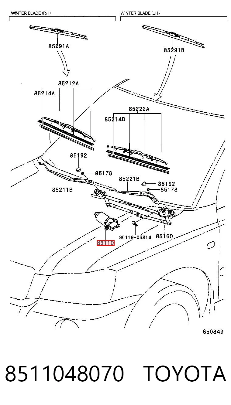 8511048070 Toyota Мотор склоочисника скла (трапеції)