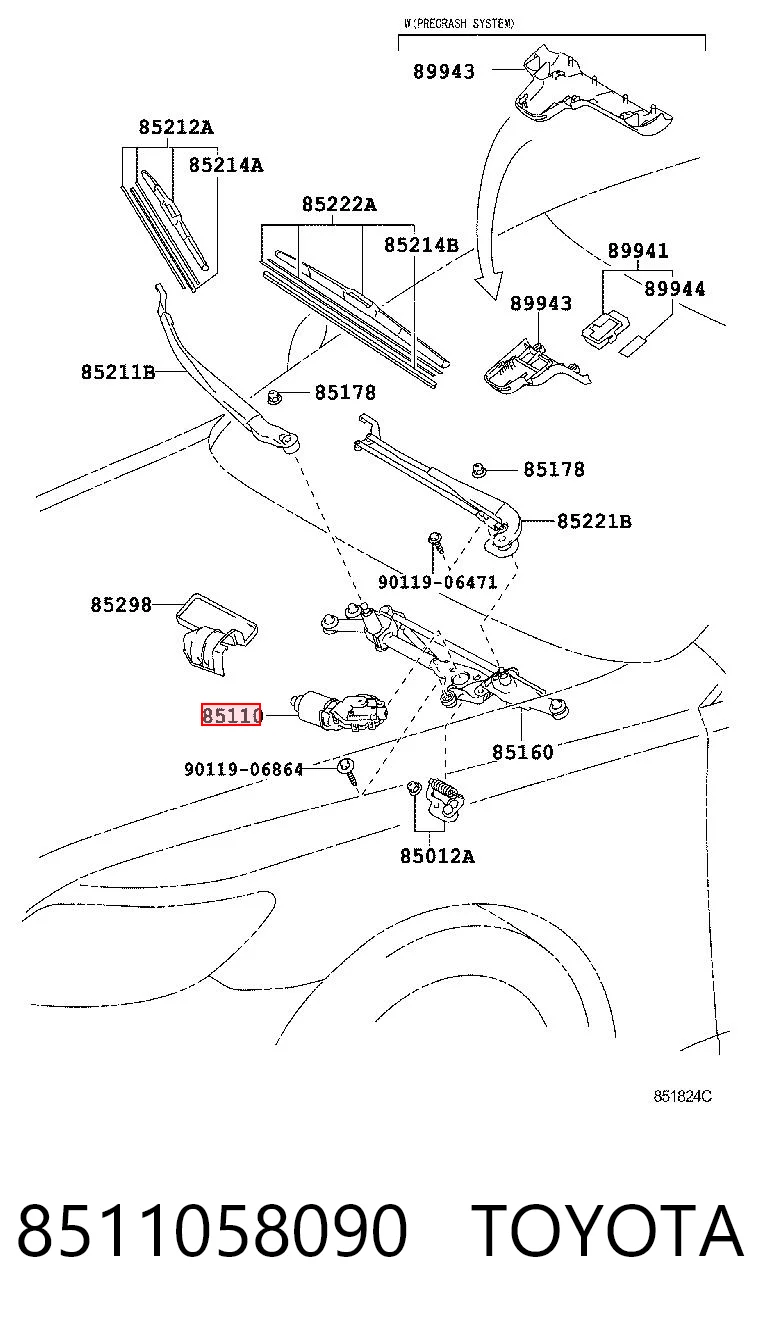 8511058090 Toyota Мотор склоочисника скла (трапеції)