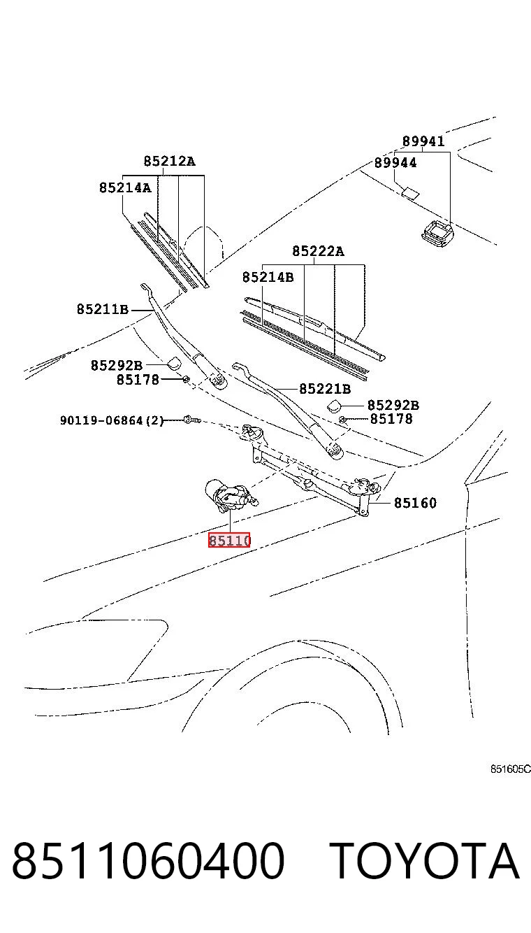 8511060400 Toyota Мотор склоочисника скла (трапеції)