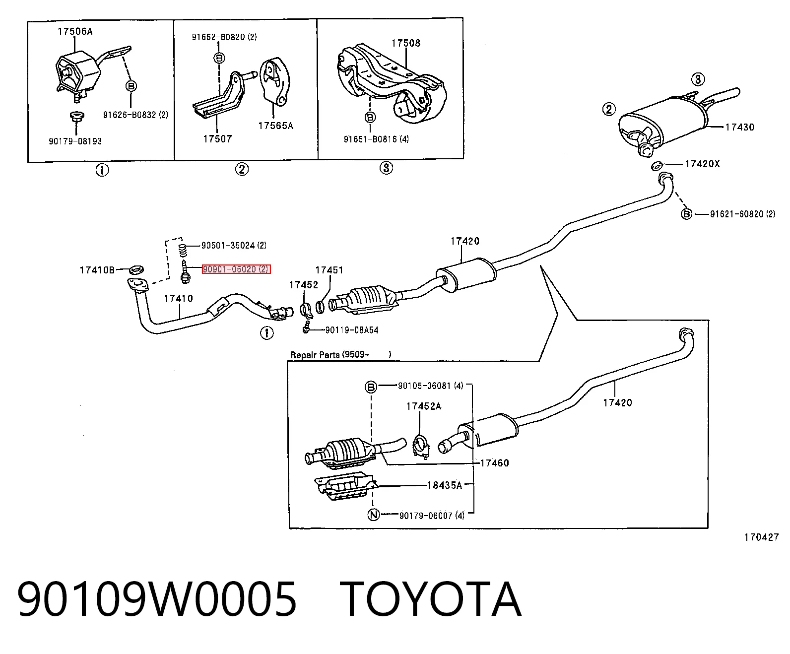 90109W0005 Toyota Болт вихлопної системи (глушника)