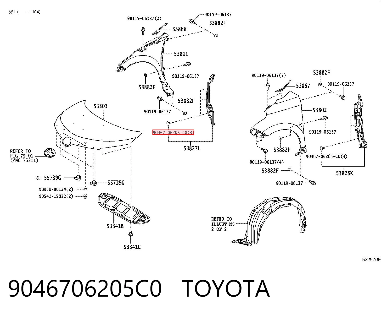 9046706205C0 Toyota Пістон (кліп) кріплення підкрилки переднього крила