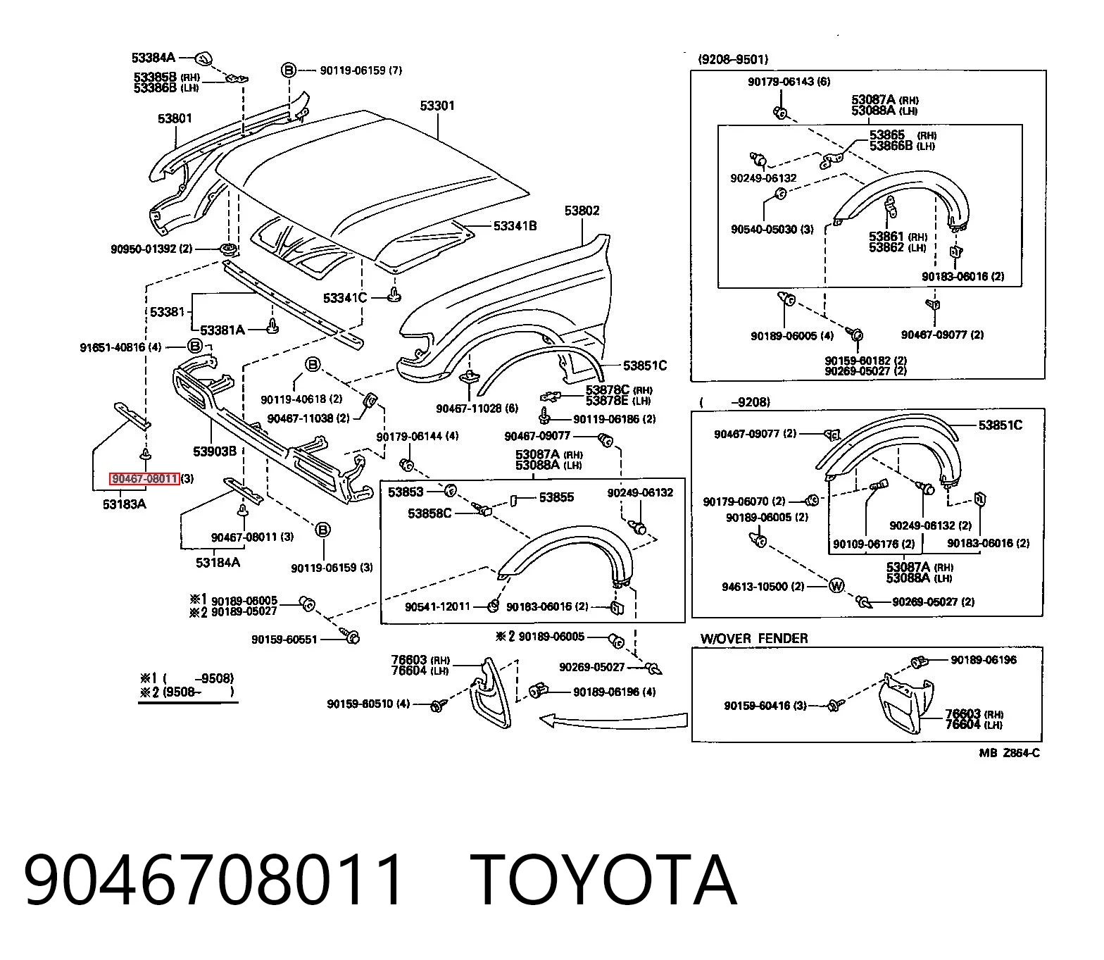 9046708011 Toyota Пістон (кліп) кріплення підкрилки переднього крила