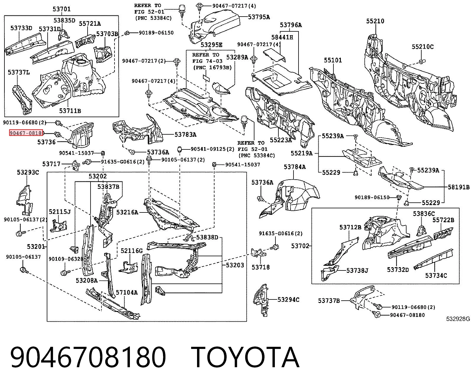 9046708180 Toyota Пістон (кліп) кріплення підкрилки переднього крила