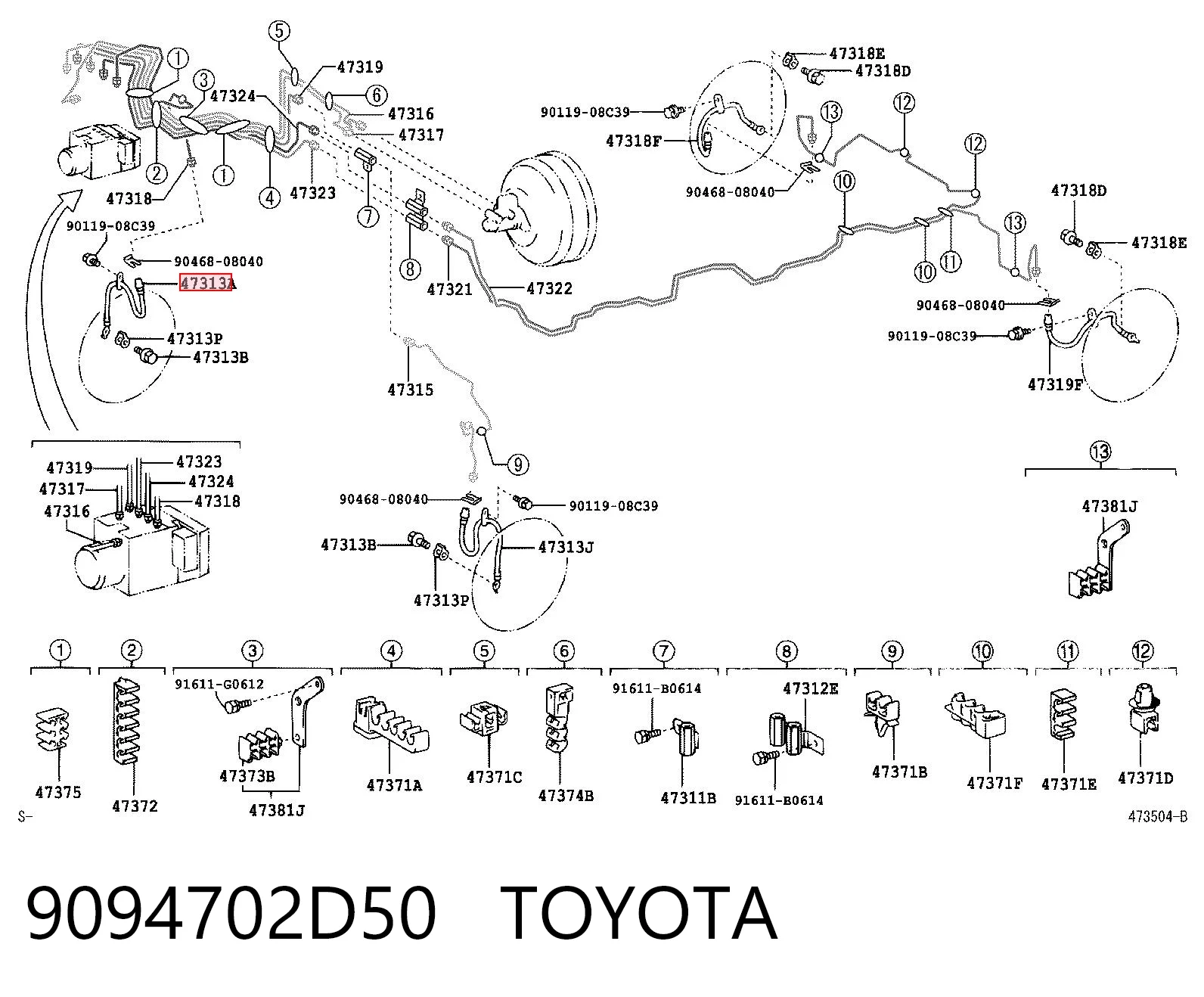 9094702D50 Toyota Шланг гальмівний передній, правий