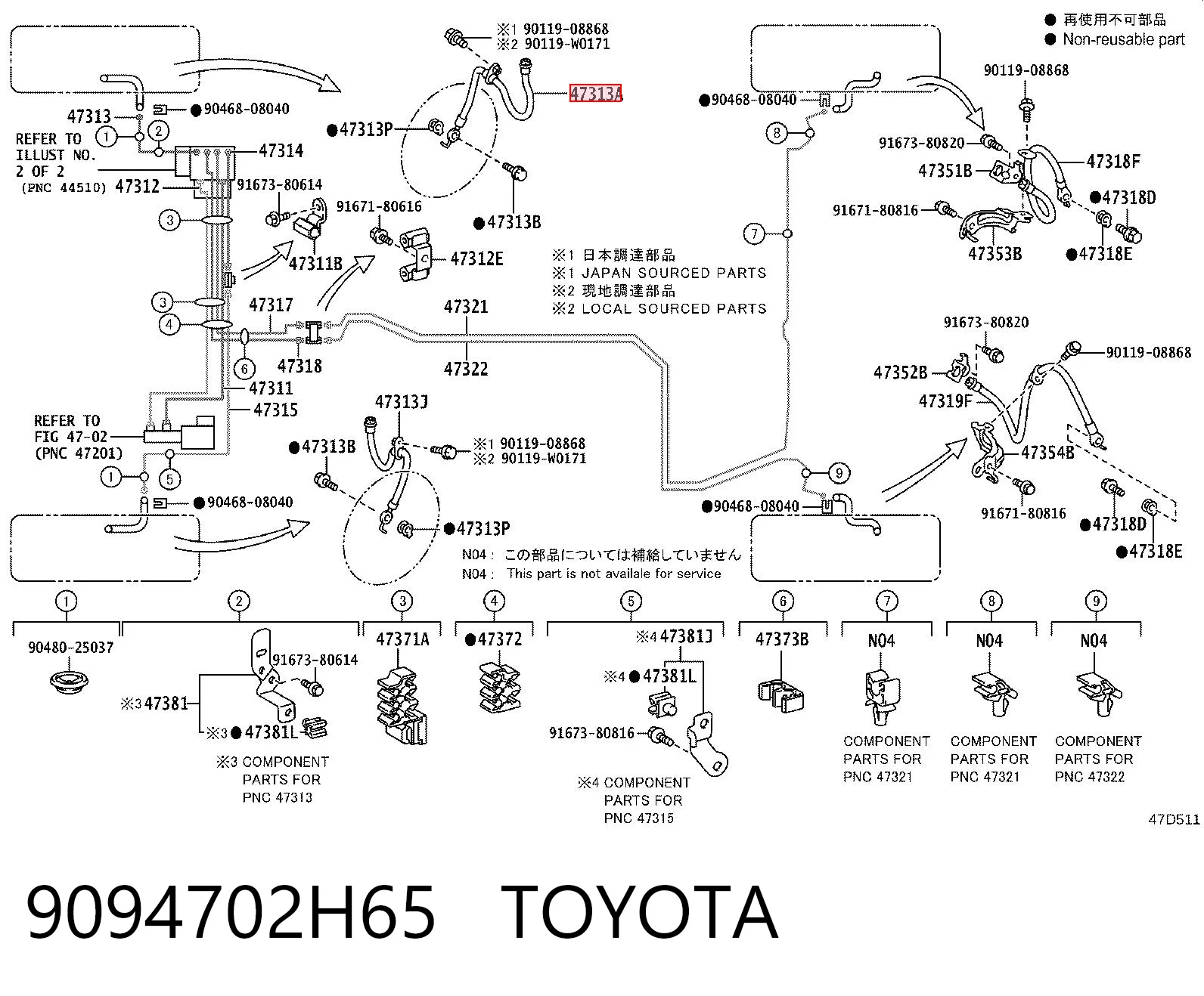 9094702H65 Toyota Шланг гальмівний передній, правий