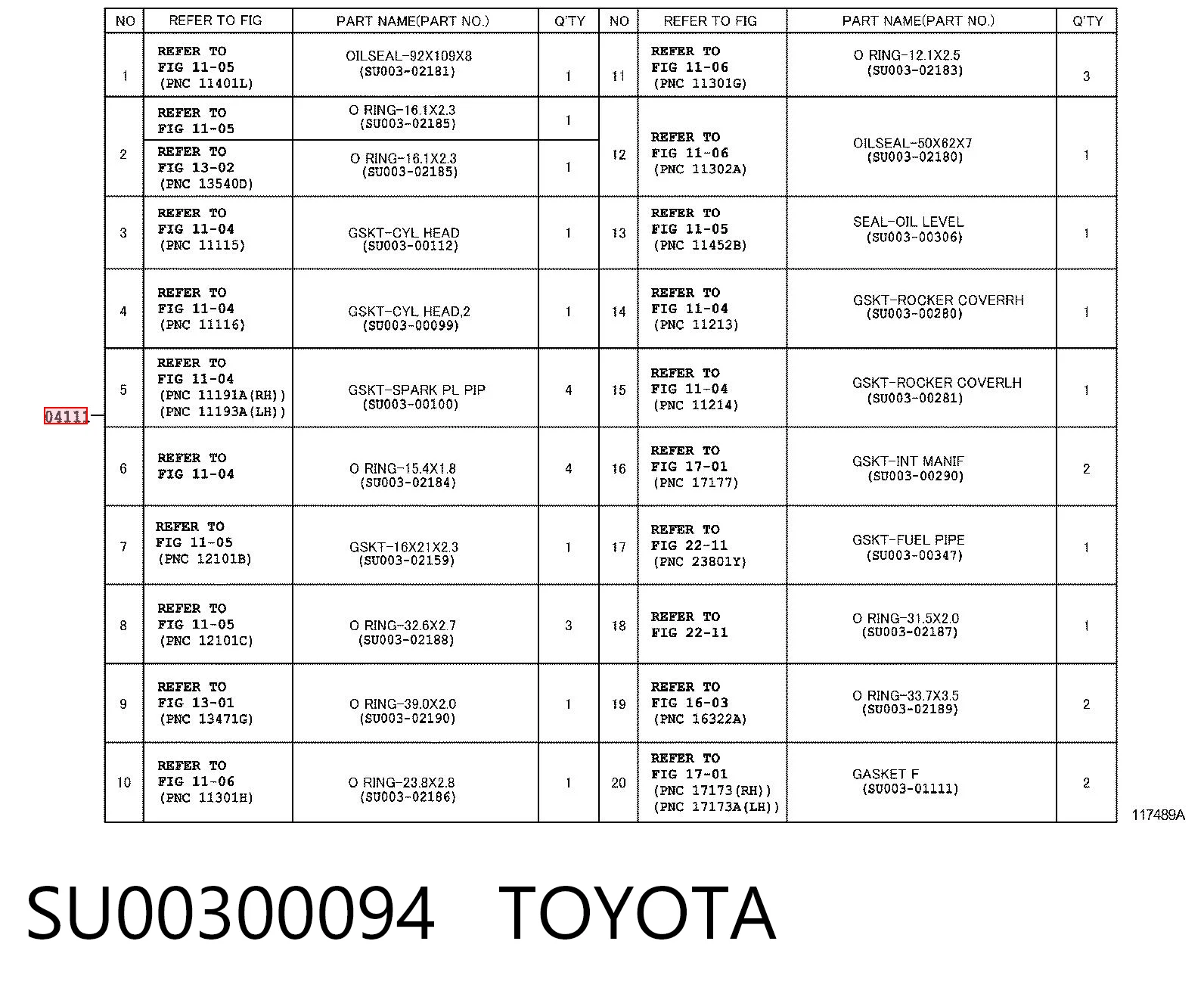SU00300094 Toyota Набір прокладок двигуна