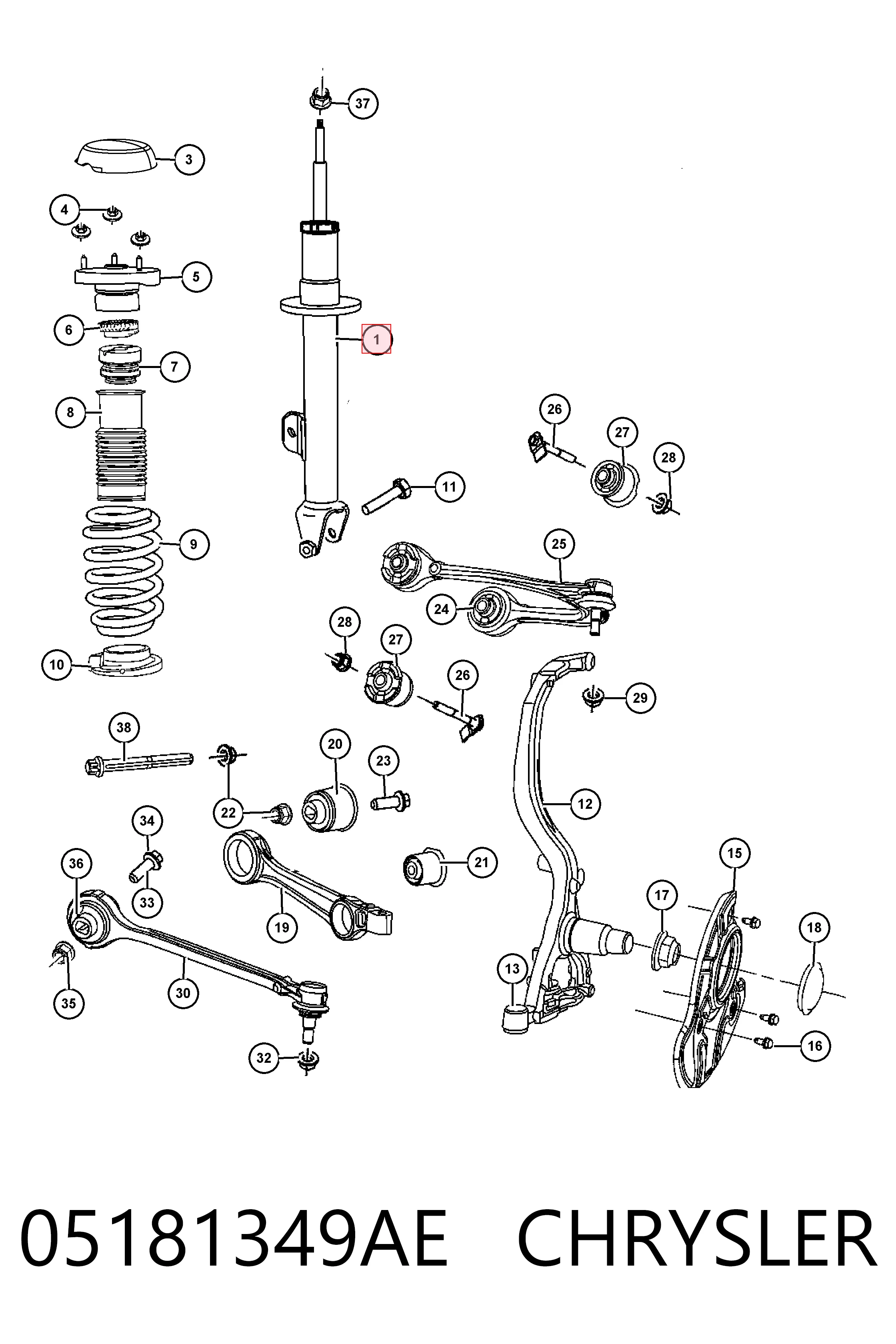 Амортизатор передній, правий Fiat/Alfa/Lancia K05181350AI ціна, від 93.81 USD