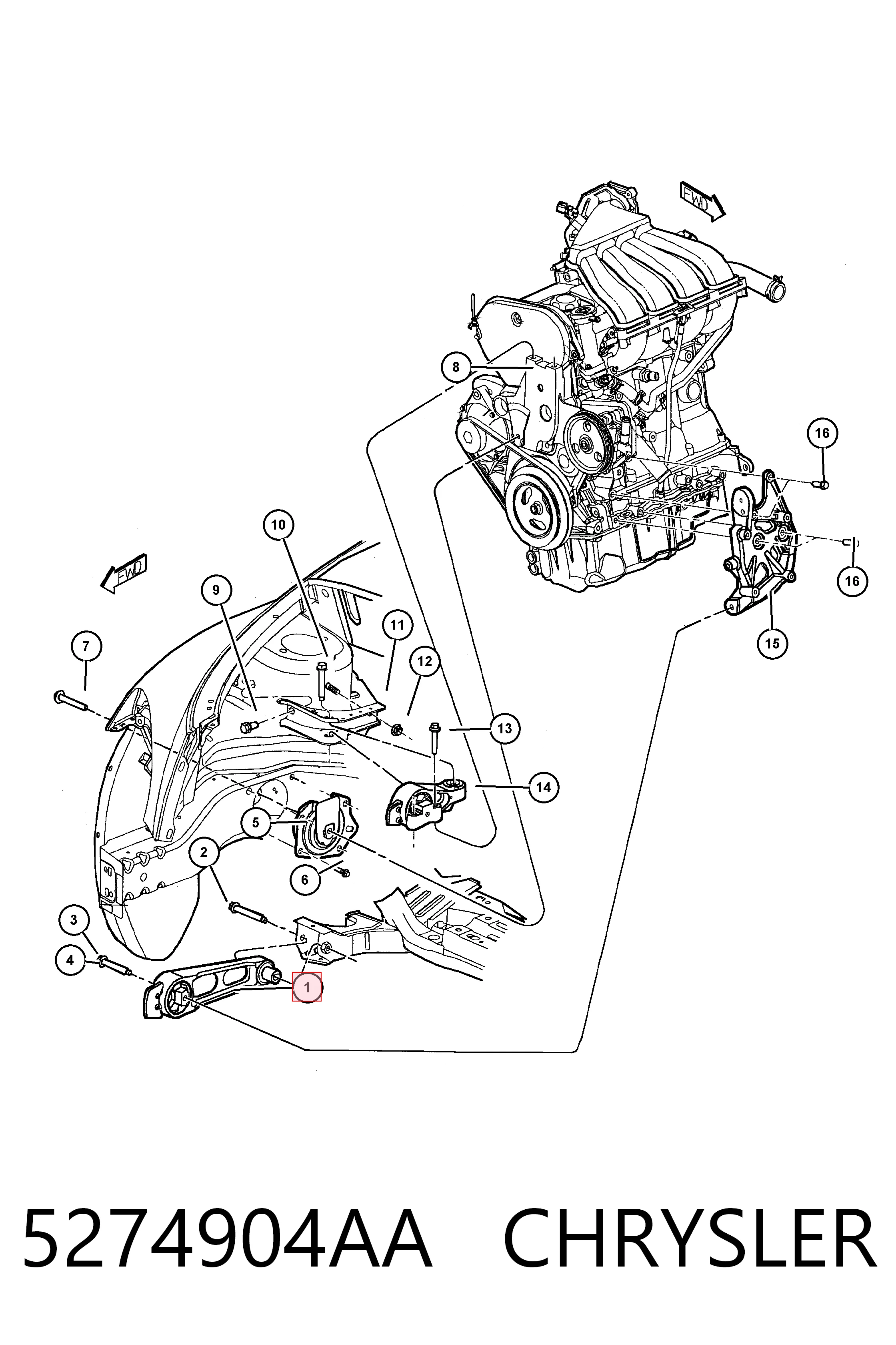 5274904AA Chrysler Подушка (опора) двигуна, нижня