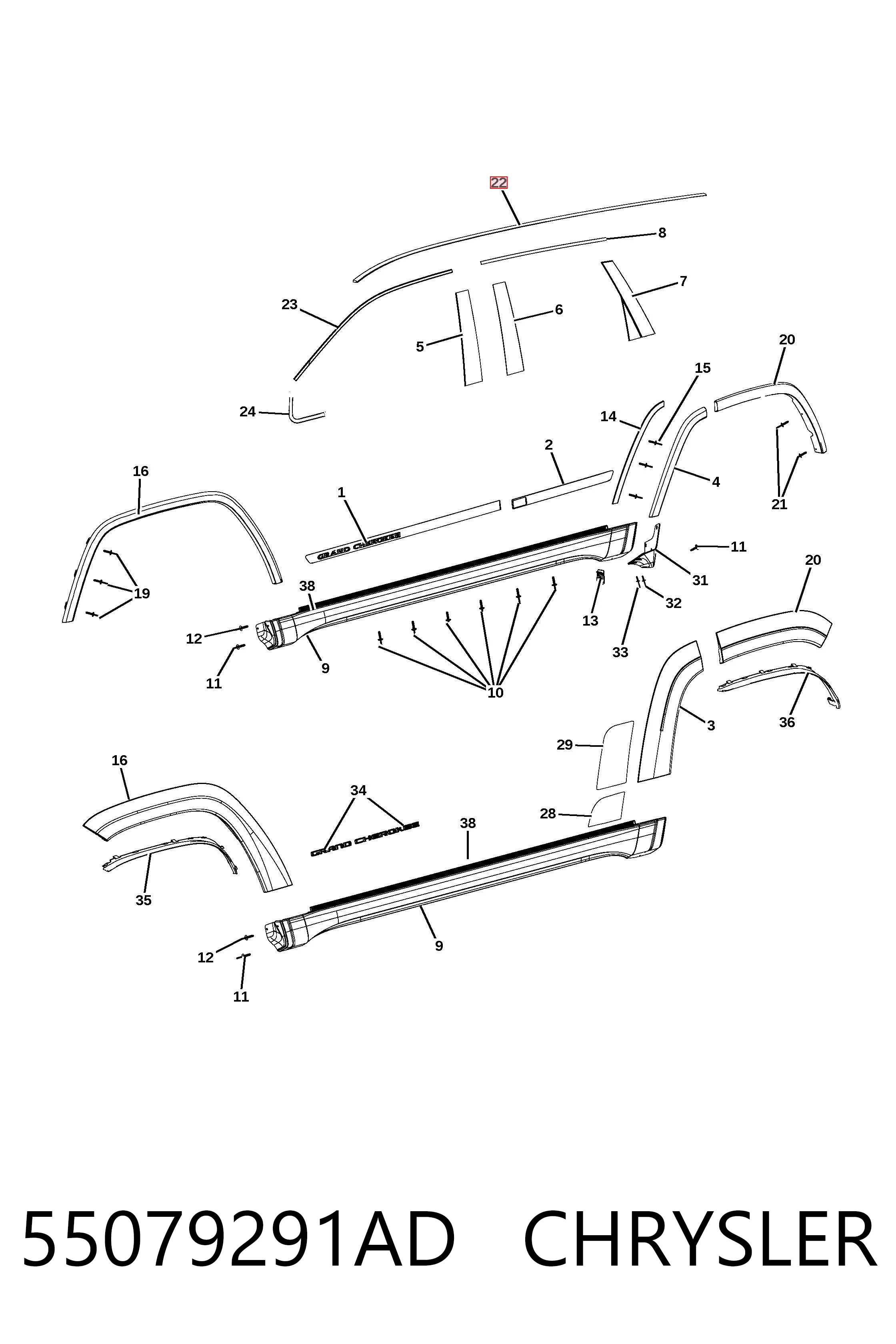55079291AD Chrysler Молдинг даху, лівий