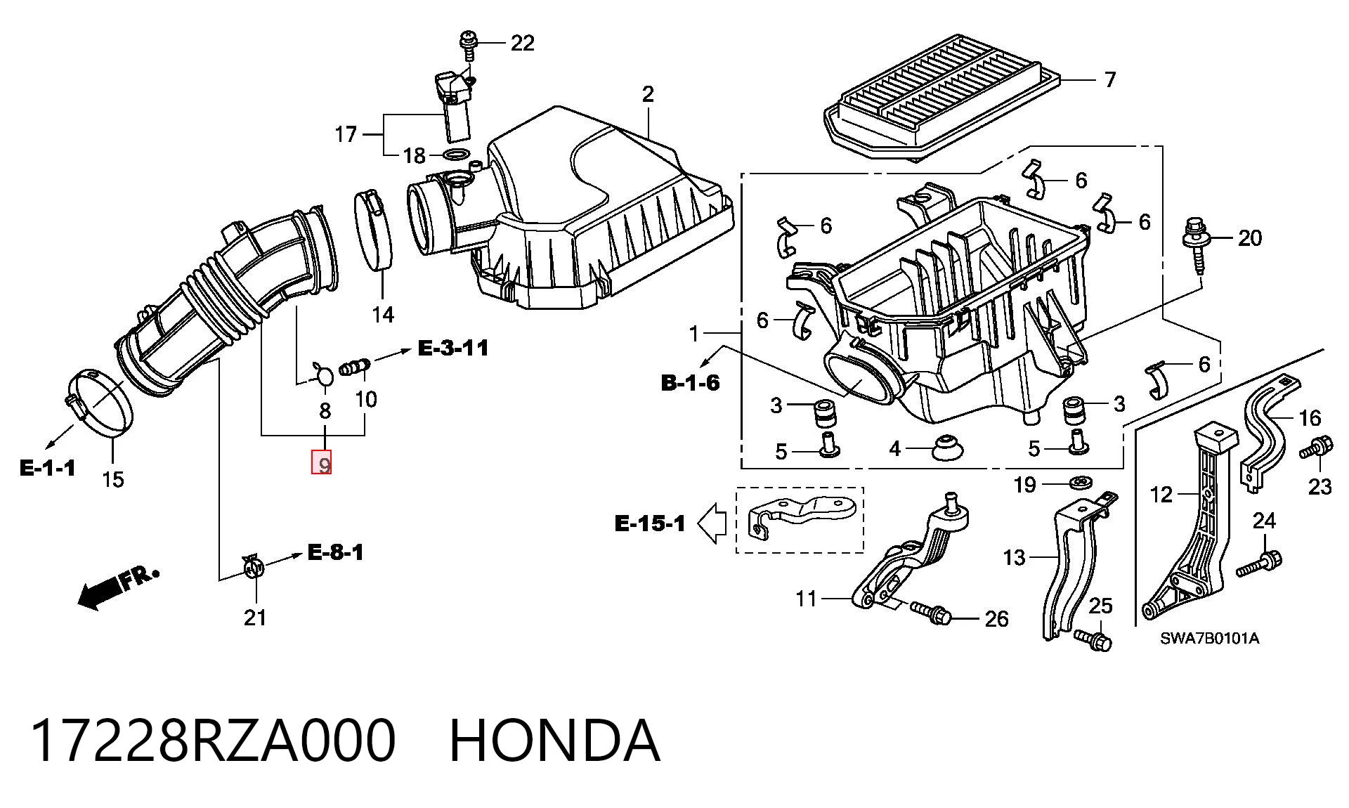 17228RZA000 Honda Патрубок повітряний, вихід повітряного фільтра