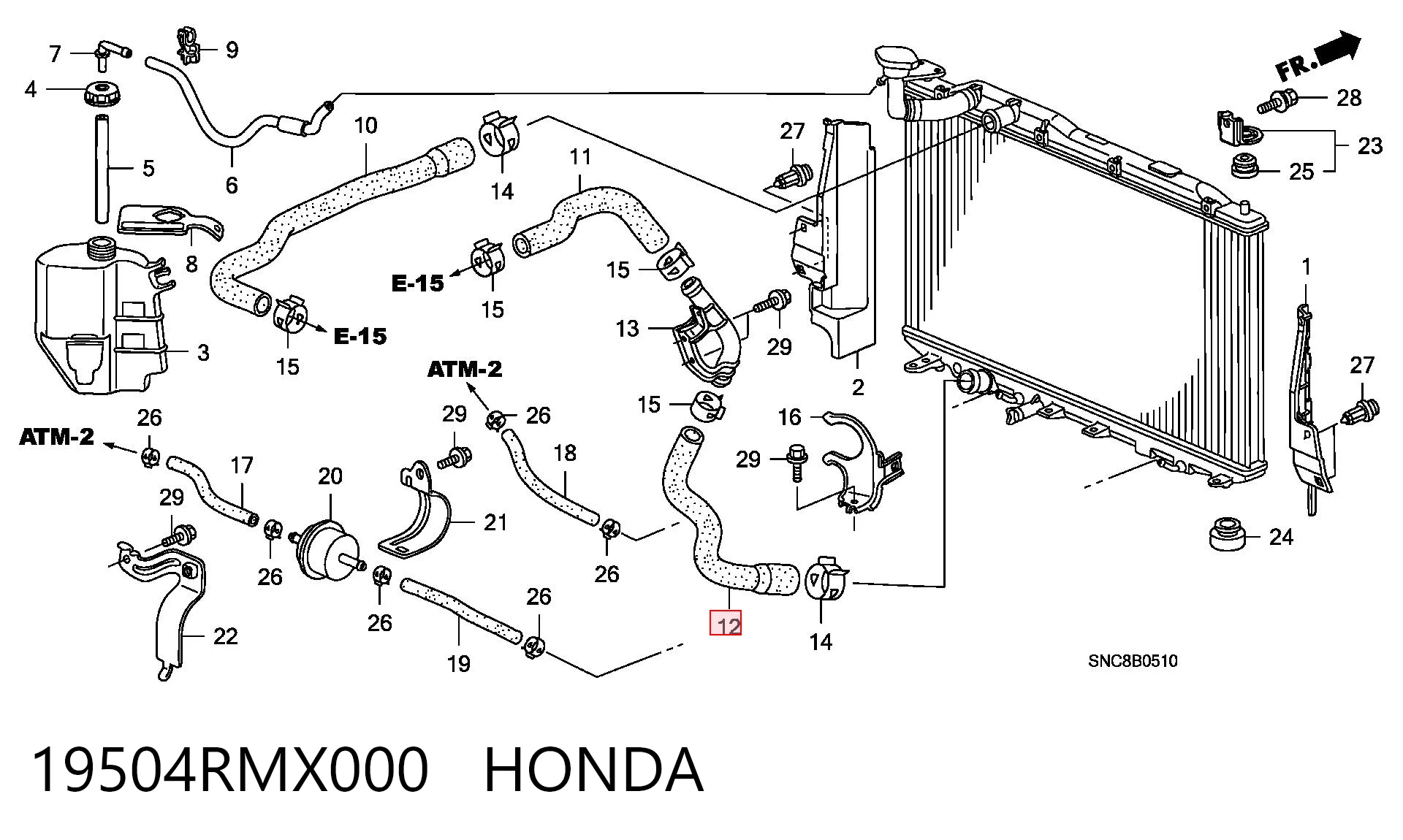 19504RMX000 Honda Шланг/патрубок радіатора охолодження, нижній