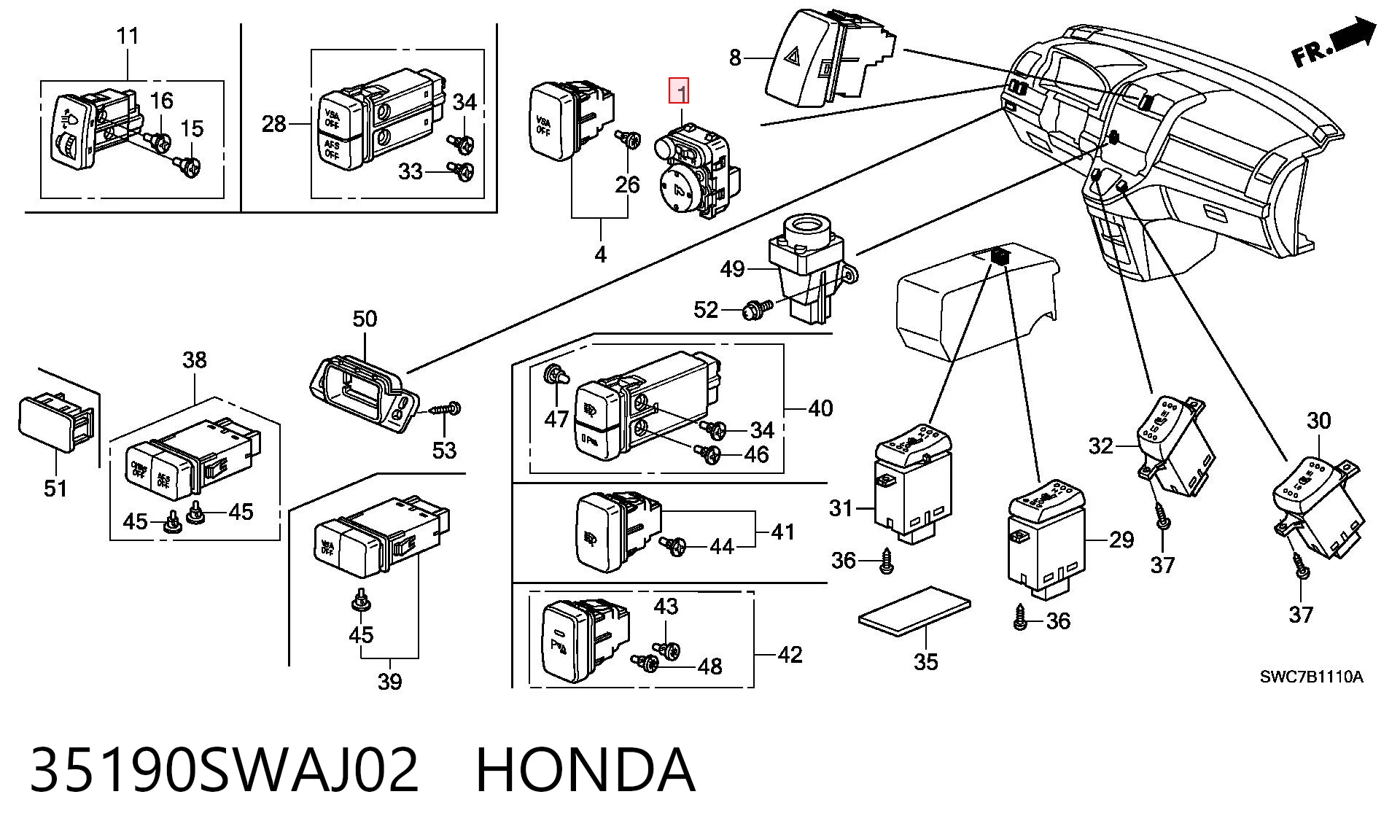 35190SWAJ02 Honda Блок управління зеркалами заднього виду, на торпедо
