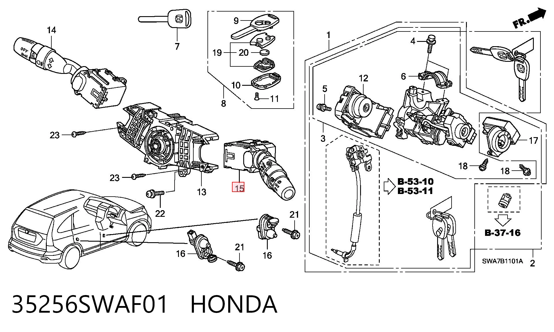 35256SWAF01 Honda Перемикач підрульовий, правий