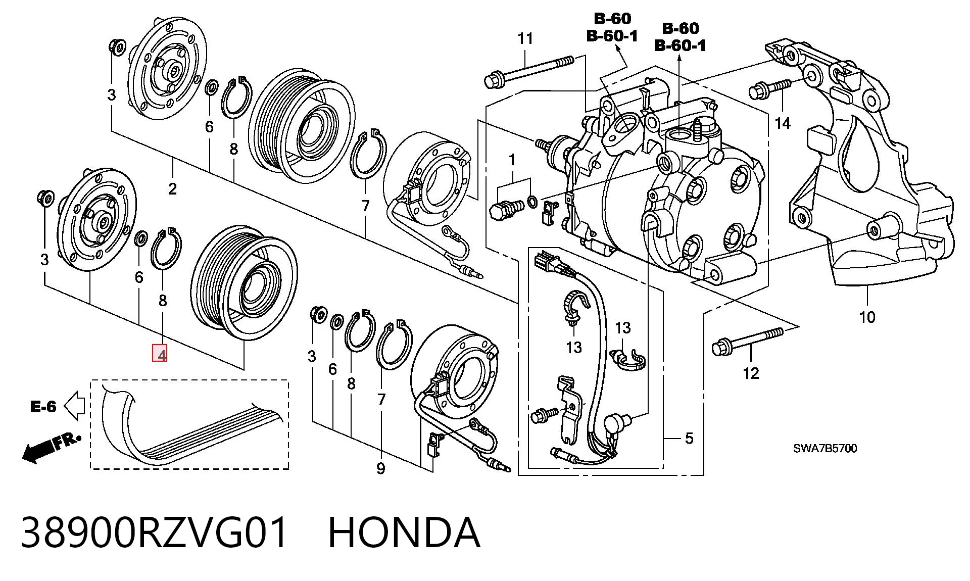 38900RZVG01 Honda Шків компресора кондиціонера