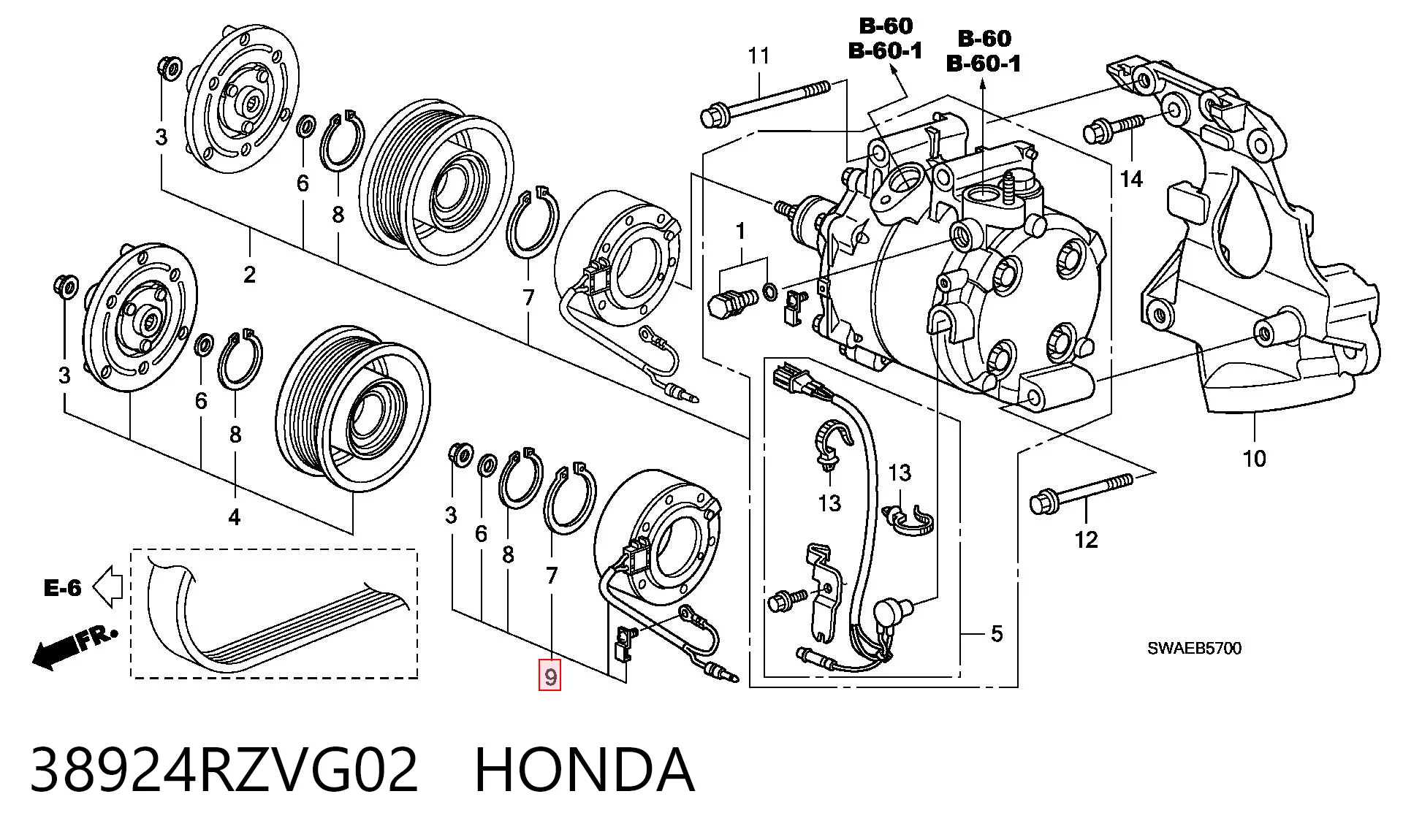38924RZVG02 Honda Привід компресора системи опалення