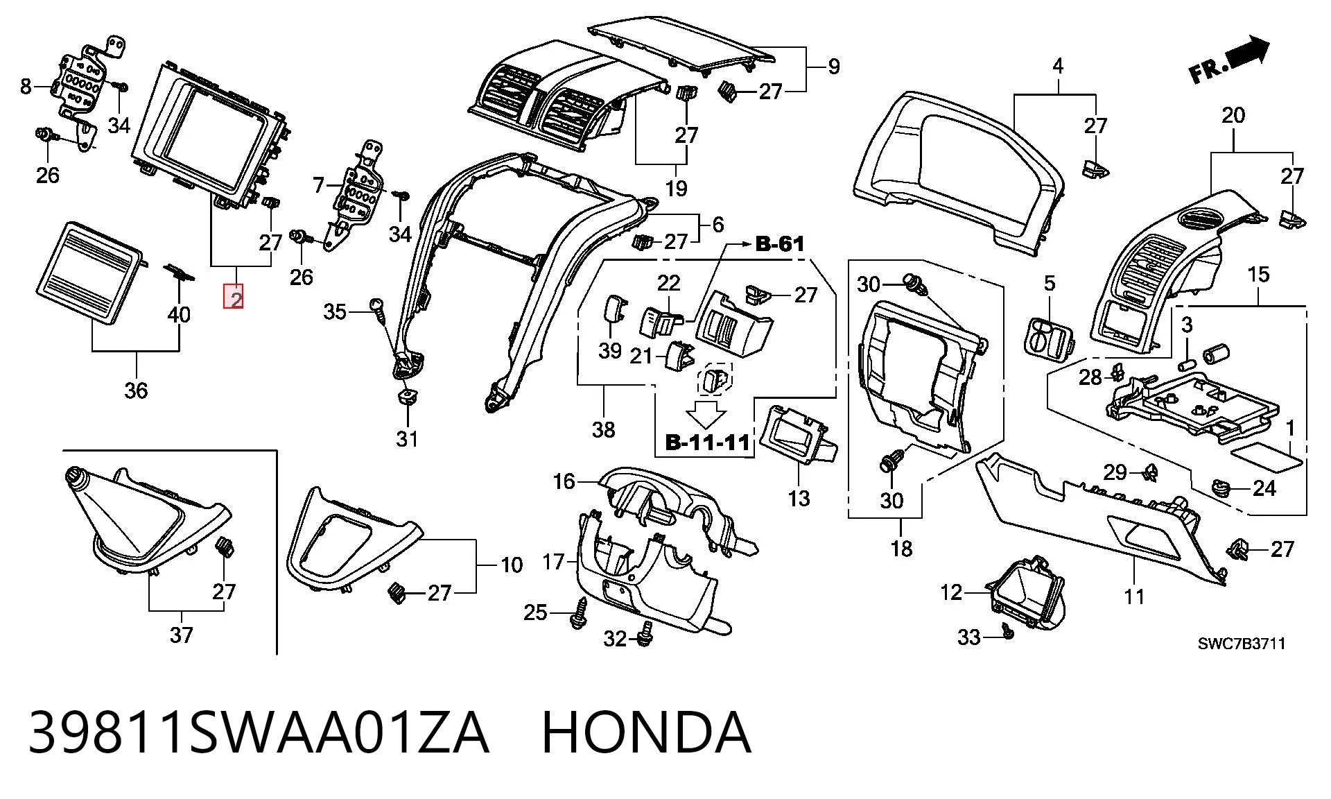 39811SWAA01ZA Honda Молдинг (накладка) панелі приладів "торпедо", центральний