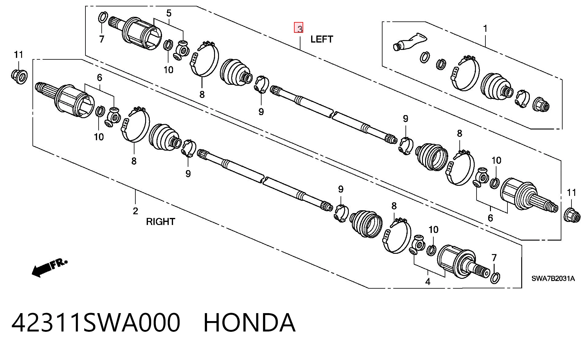 42311SWA000 Honda Піввісь задня, ліва
