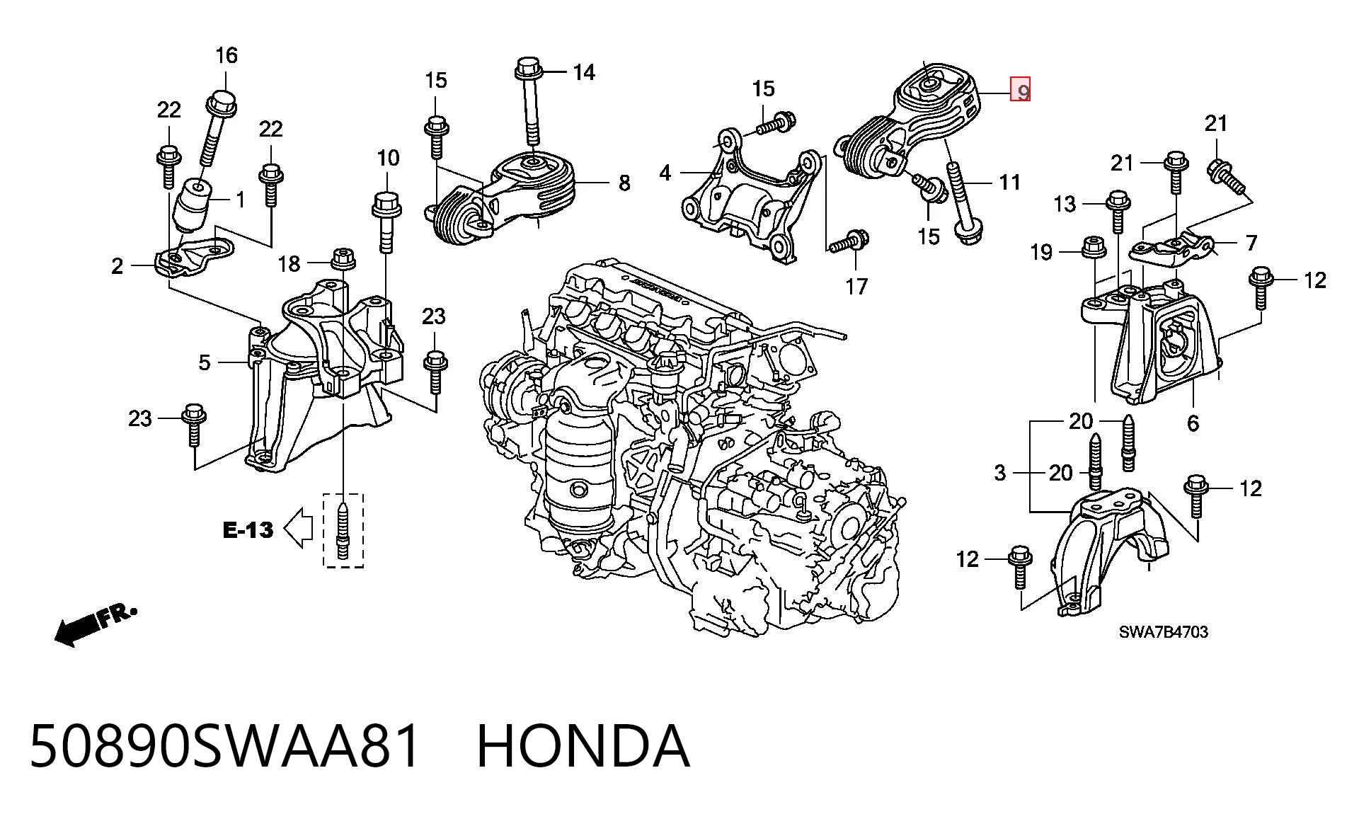 50890SWAA81 Honda Задня подушка двигуна