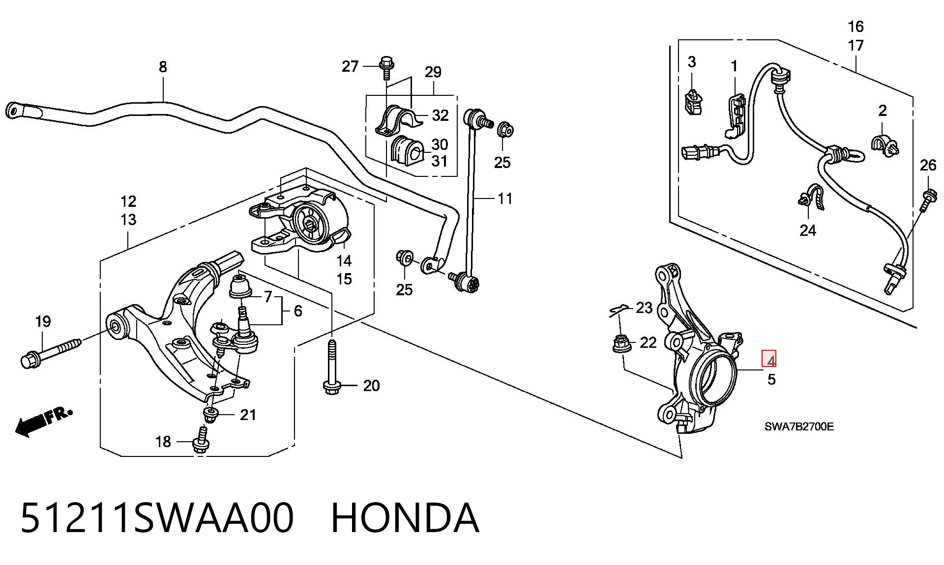51211SWAA00 Honda Цапфа - поворотний кулак передній, правий