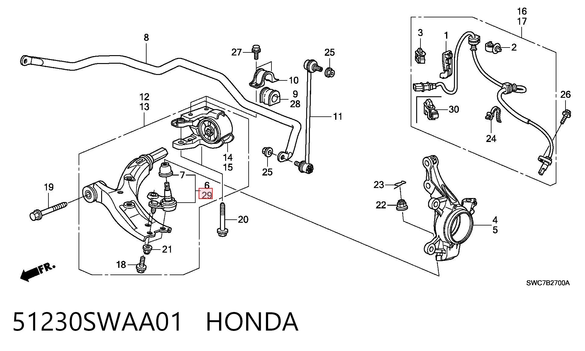 51230SWAA01 Honda Кульова опора, нижня, ліва
