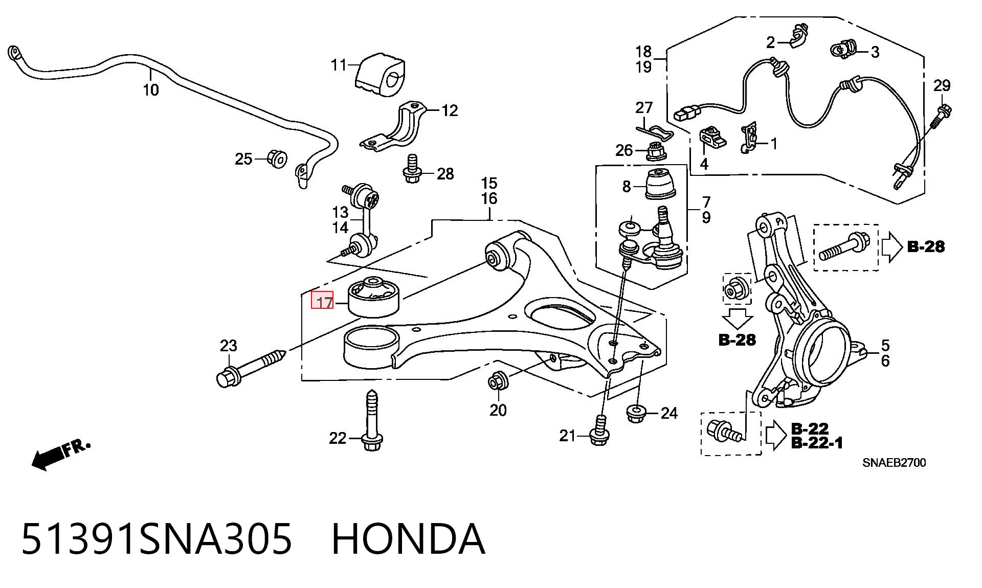 51391SNA305 Honda Сайлентблок переднього нижнього важеля