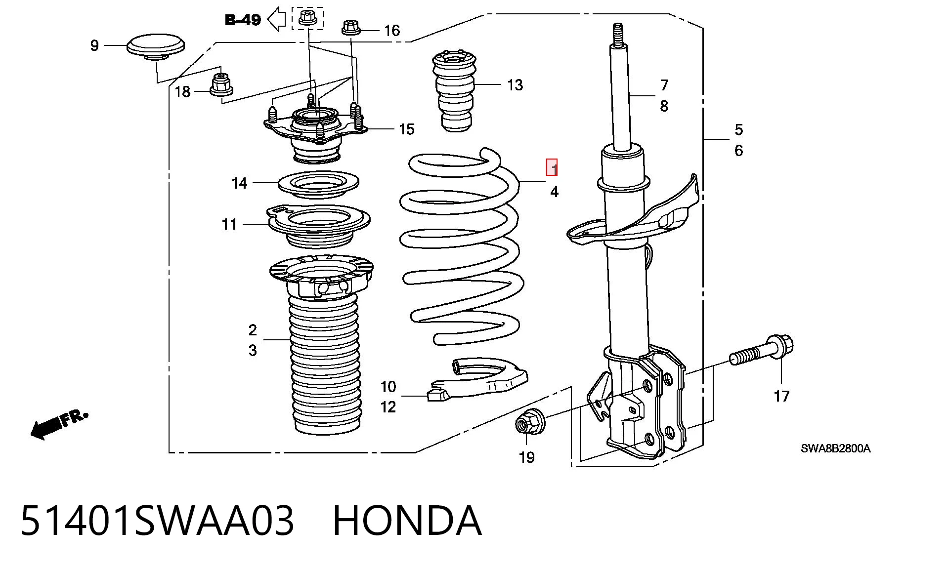 51401SWAA03 Honda Пружина передня, права