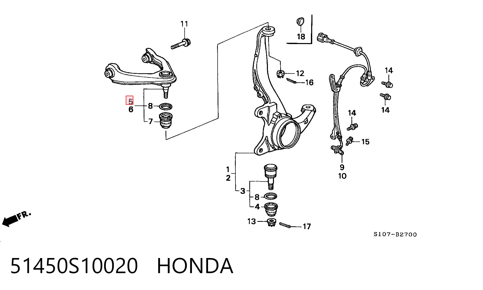 51450S10020 Honda Важіль передньої підвіски верхній, правий
