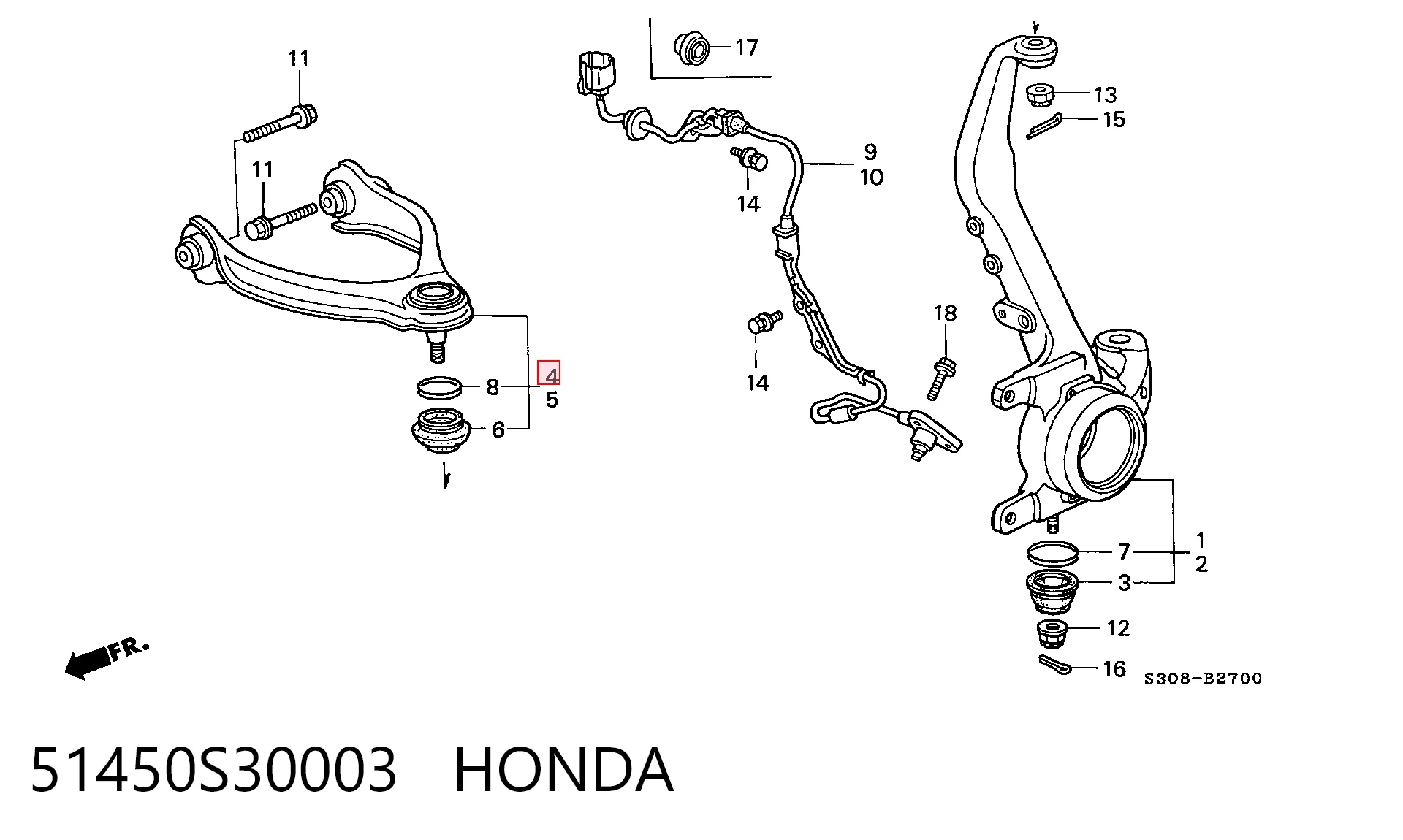 51450S30003 Honda Важіль передньої підвіски верхній, правий