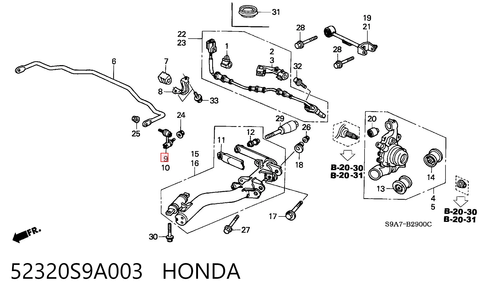 52320S9A003 Honda Стійка стабілізатора, заднього, права