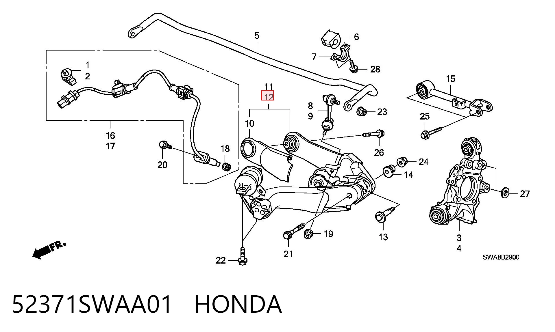 52371SWAA01 Honda Важіль/тяга задньої підвіски подовжній нижній, лівий