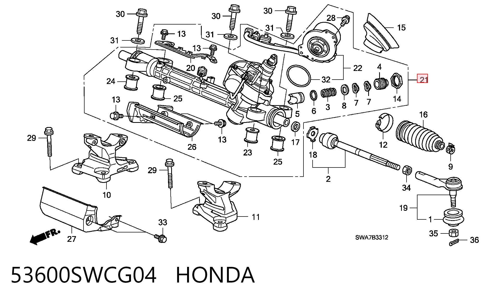 53600SWCG04 Honda Рейковий рульовий механізм