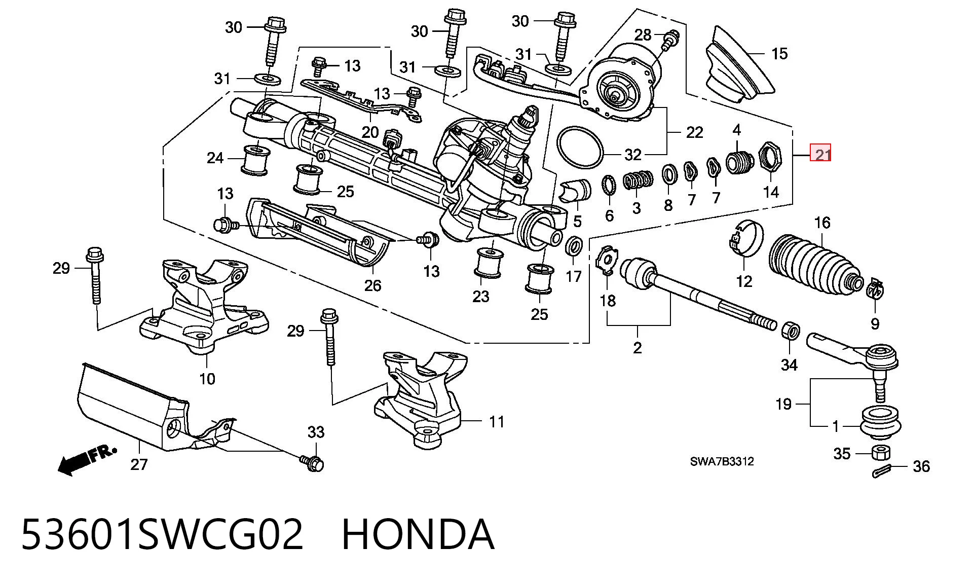 53601SWCG02 Honda Рейковий рульовий механізм